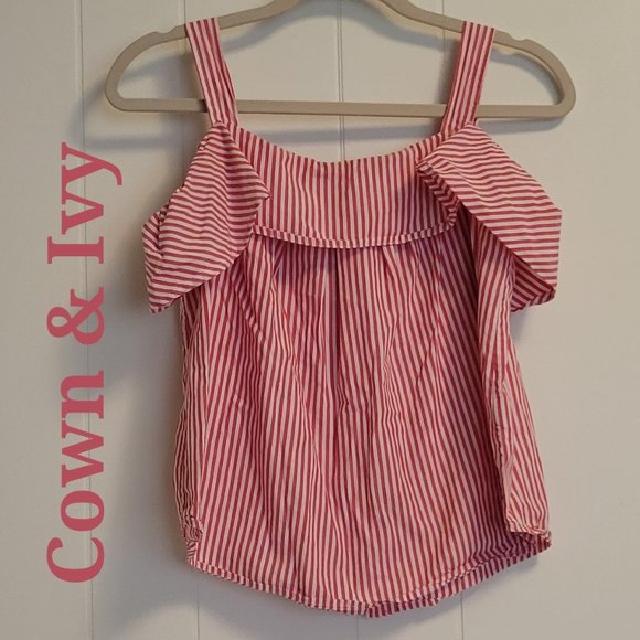 crown & ivy Tops - ❣️HP❣️Crown & Ivy cold shoulder pink & white stripe short cotton blouse sz: PM